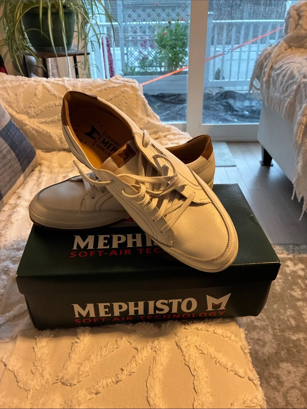 Mephisto White Leather Slip-On Lace Casual Shoes with Tan Heel Accent